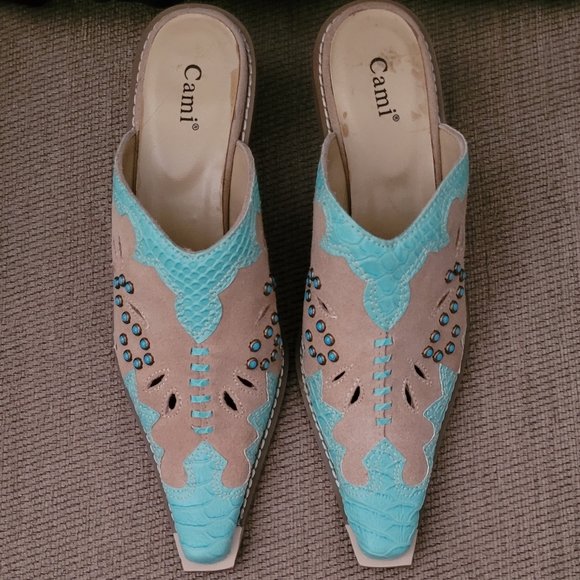 CAMI CAMEL TURQUOISE GENUINE LEATHER SOUTHWESTERN MULES - Picture 3 of 11